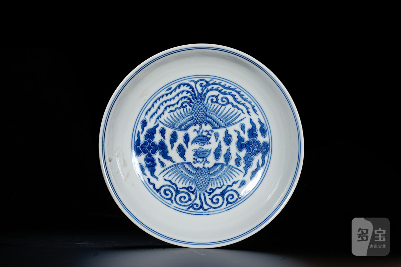 清道光 青花凤纹盘一对 - 图2
